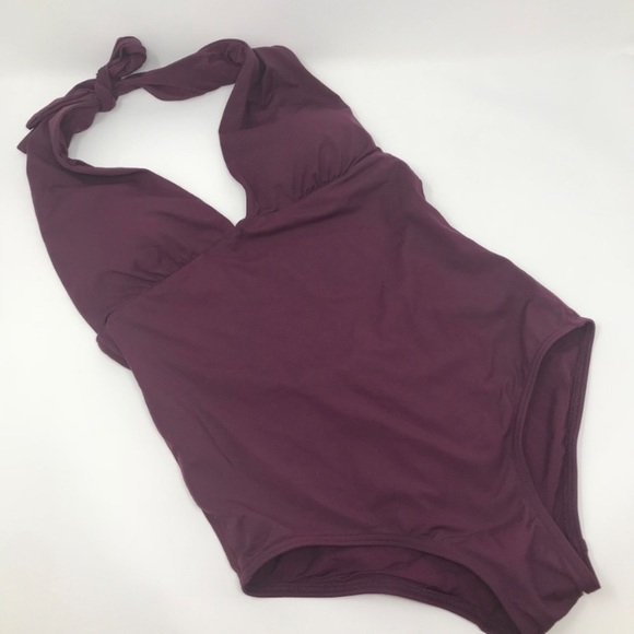 NWT Blumoss Luxury Swim Resort Swimsuit XS Eggplant Deep V Scoop Back Halter - Picture 3 of 9